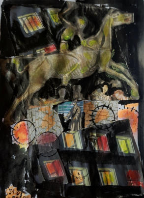 Renzo Ferrari, Un fantasma si aggira in Europa, collage e acquerello su carta, 29,5X21cm, 2021